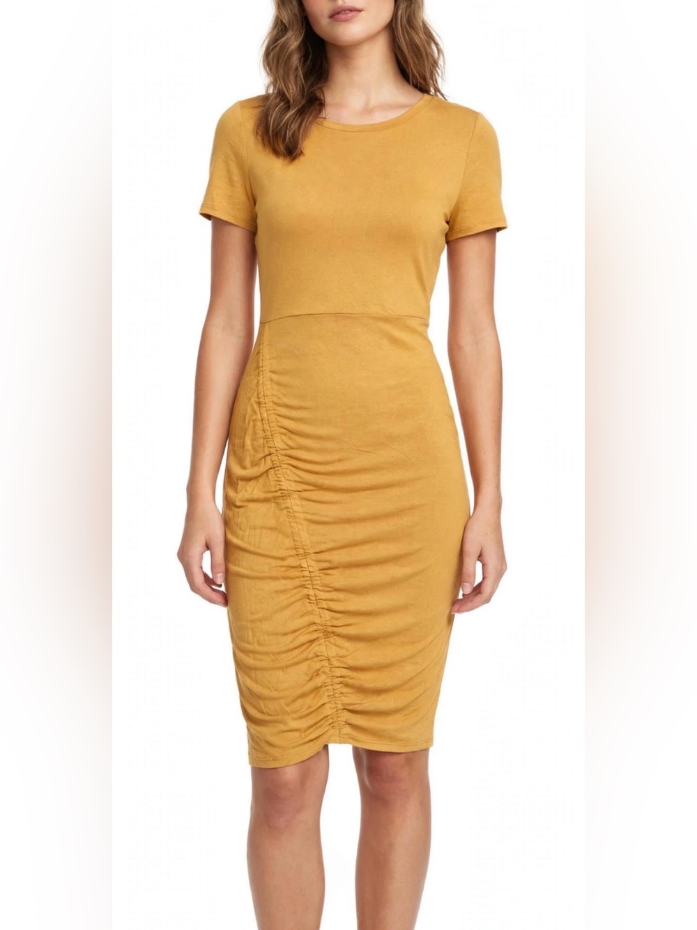 Ultra Flirt | NWT Women’s Mustard/Spruce Yellow Cinch Skirt Short Sleeve Dress